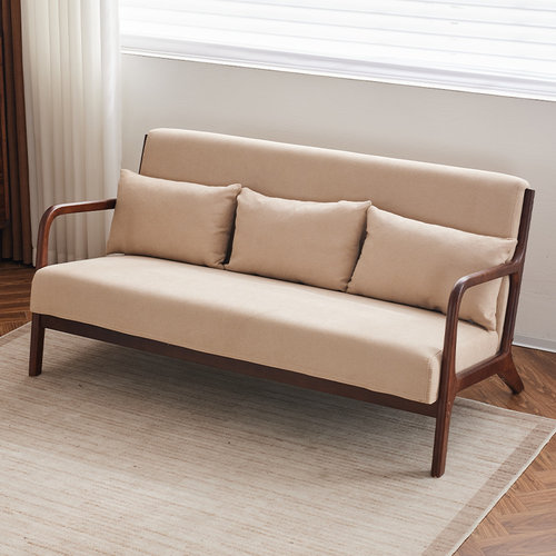 日式简约胡桃木色棉麻三人沙发