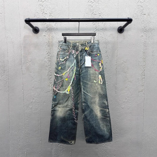 南油高货2026早春新款1996复古铁链印花牛仔裤男女同款街头设计感