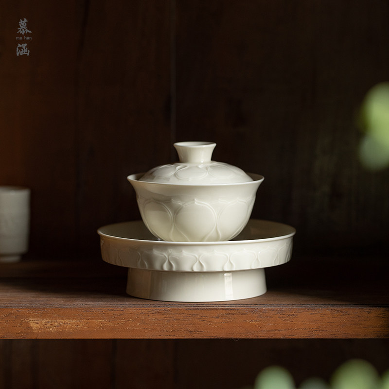 定窑白三才盖碗茶杯仿宋家用泡茶碗陶瓷大容量防烫荷花功夫茶具,餐饮具,盖碗,淘宝优惠券,粉丝福利购,淘宝优惠卷