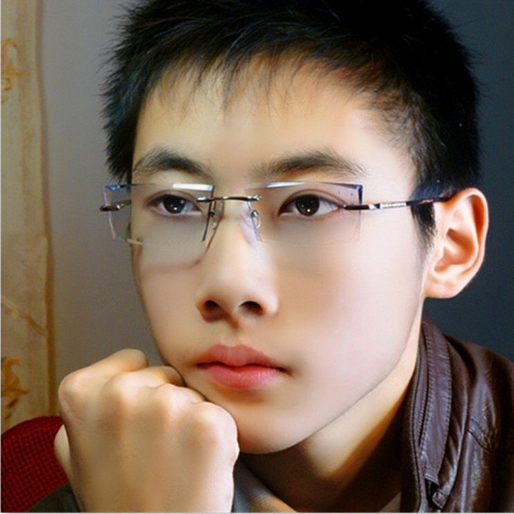 眼镜框韩版无框架水晶切边眼镜时尚配渐进色防蓝光学生商务近视镜