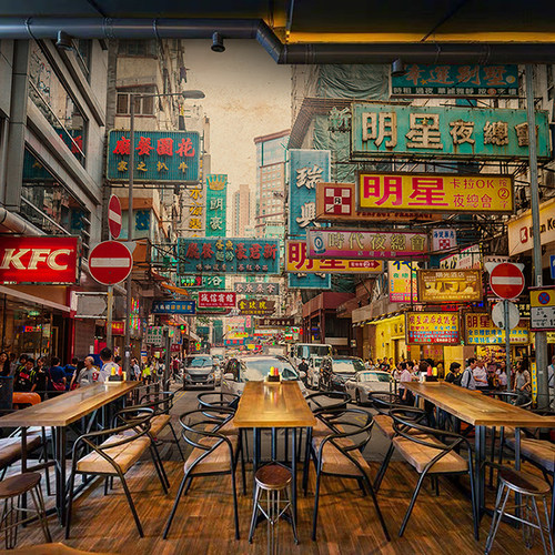 5D立体怀旧老香港街道街景背景墙纸港式小吃奶茶店茶餐厅饭店壁纸