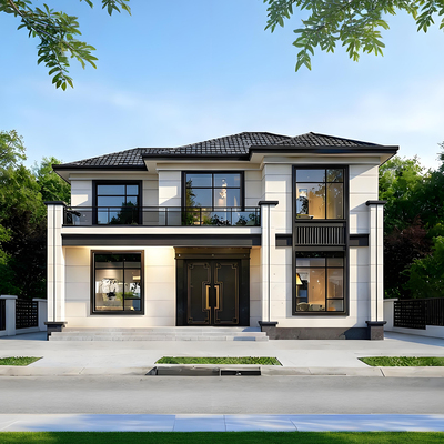 现代简约新中式农村自建房别墅设计施工图纸两层效果图全套水电图