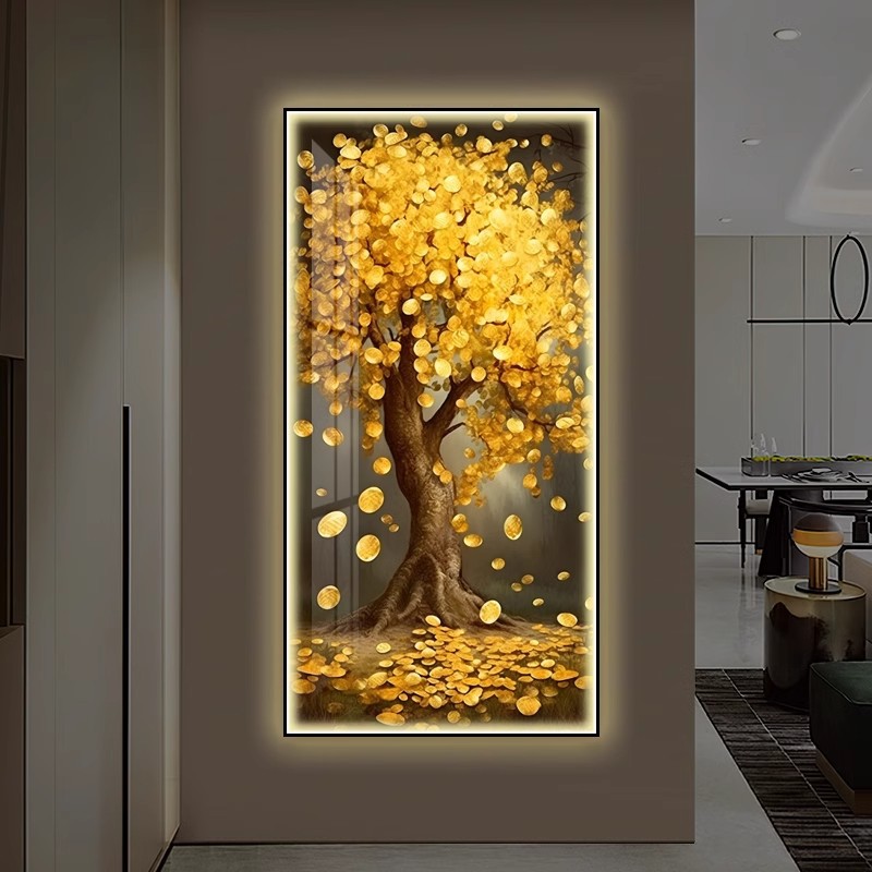 轻奢发财树玄关装饰画入户玄幻走廊LED灯现代竖版高档过道挂楼梯图片