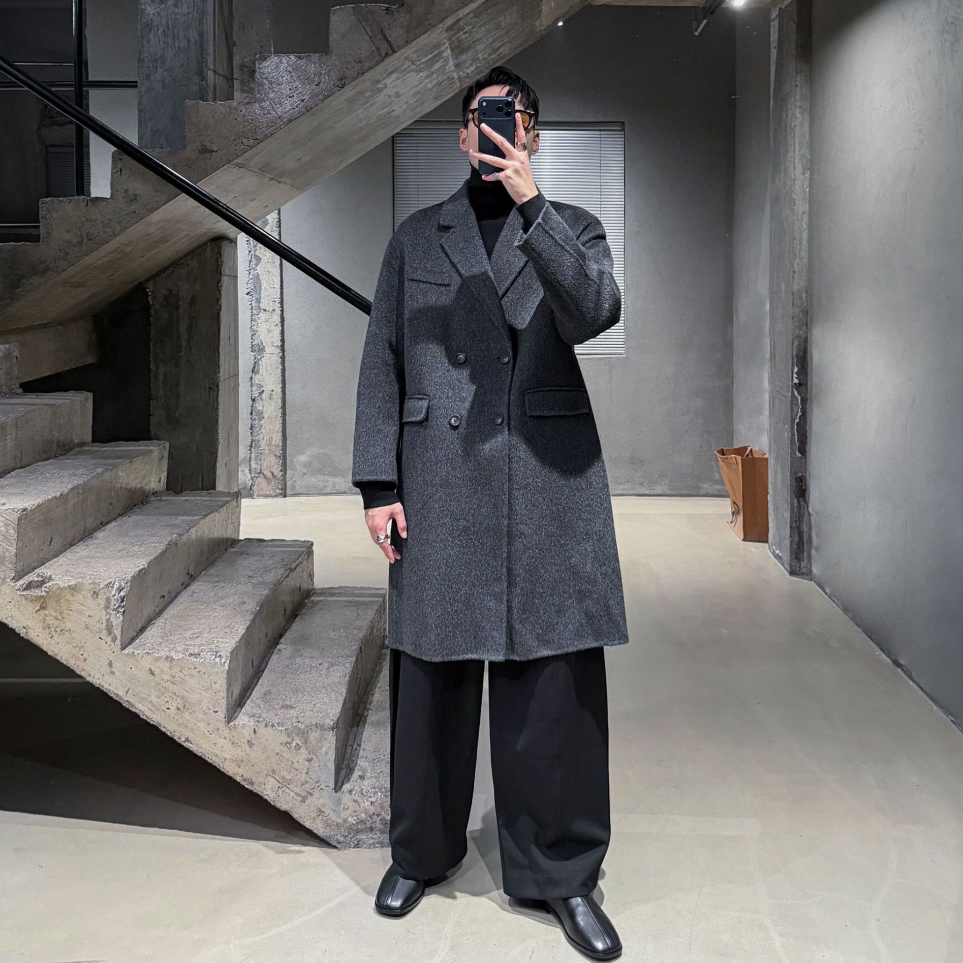 “100%绵羊毛”极简双面羊毛廓形中长款双排扣毛呢大衣外套