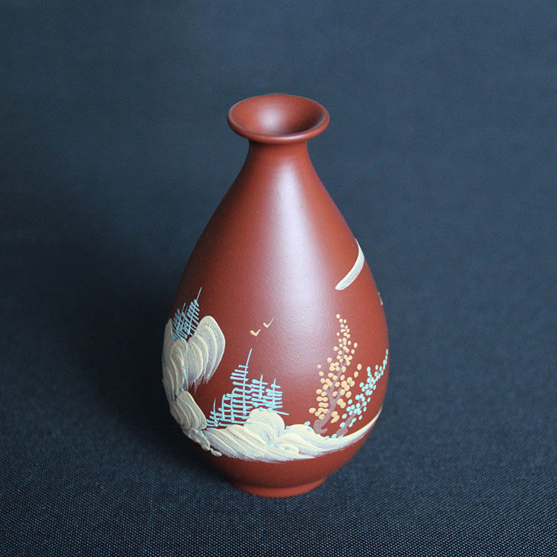 微型宜兴紫砂花盆花插全手工大红袍朱泥绘水培小花瓶山水画风景瓶