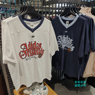 Adidas阿迪达斯三叶草女子V领字母印花运动短袖T恤 KT3062 KT3063