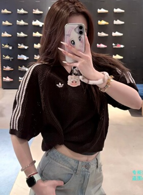 Adidas三叶草26年夏季女子短款镂空针织翻领短袖T恤KE0198 KC6490