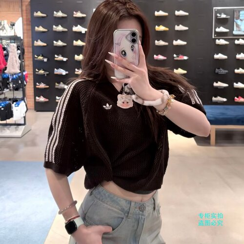 Adidas三叶草26年夏季女子短款镂空针织翻领短袖T恤KE0198 KC6490