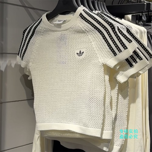 Adidas阿迪达斯三叶草26新款女子针织镂空运动休闲短袖T恤KE0200