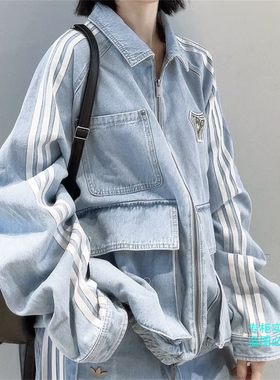 Adidas阿迪达斯三叶草新款男女翻领大口袋运动牛仔外套夹克KX4824