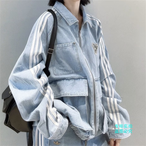 Adidas阿迪达斯三叶草新款男女翻领大口袋运动牛仔外套夹克KX4824