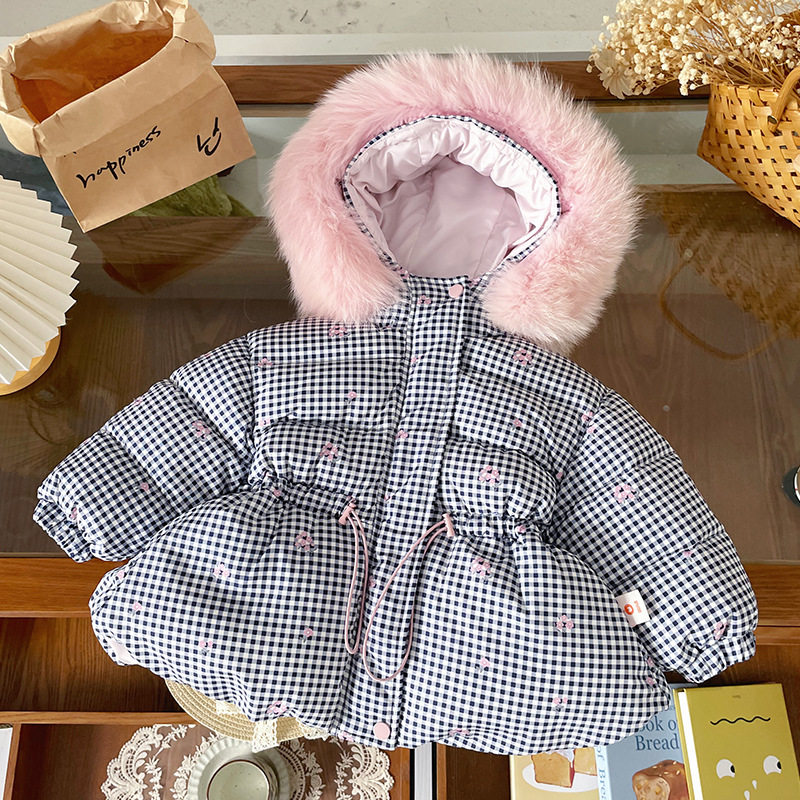 【现货】DW252267儿童羽绒服2025冬季新款连帽格子毛领女童羽绒服