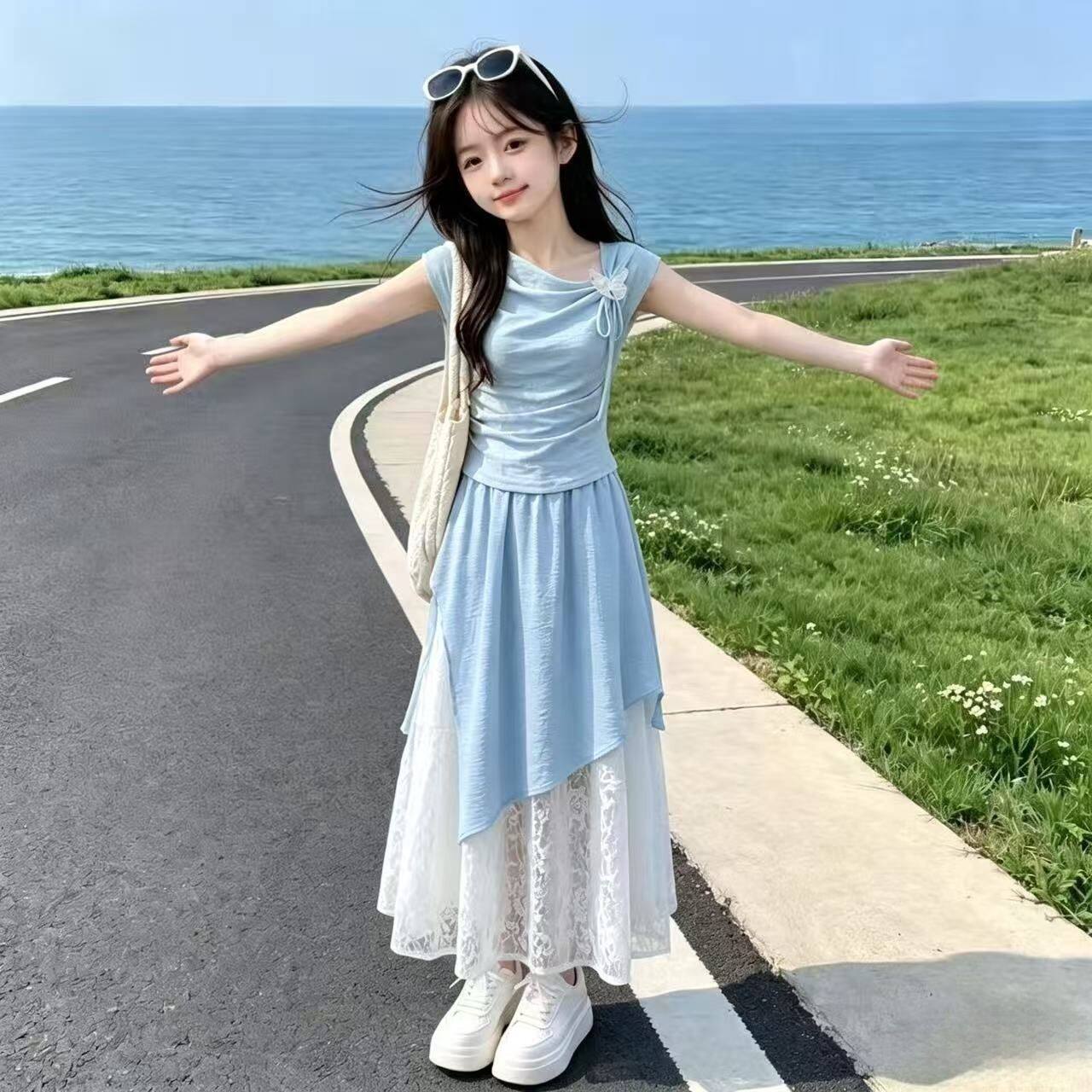 女童夏季2026清新薄荷绿短袖套装裙中大童甜美风上衣裙子两件套潮