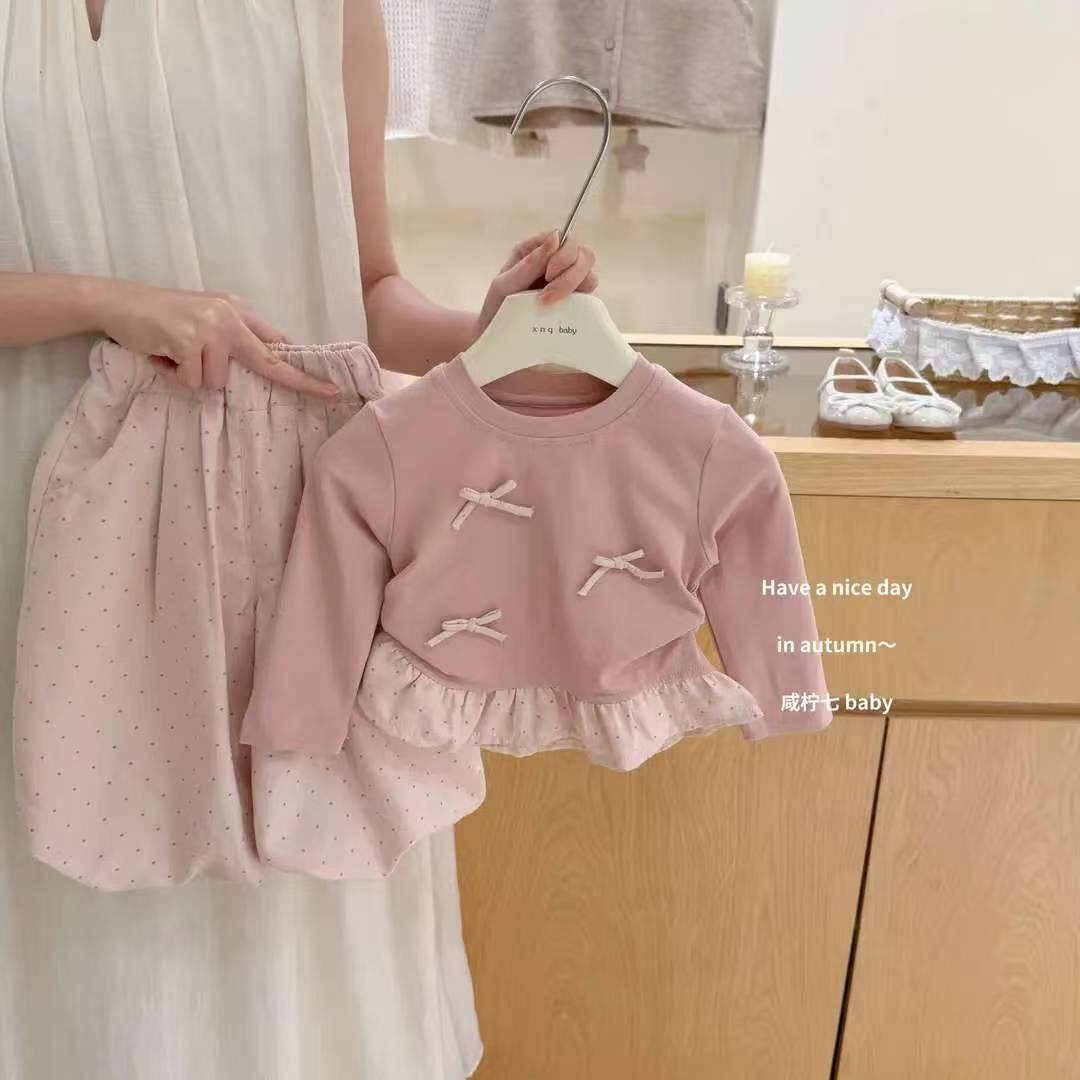 女童秋季套装粉色甜美蝴蝶结上衣波点灯笼裤洋气女宝宝韩系两件套