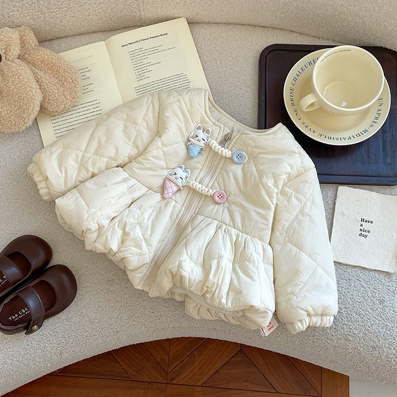 【现货】QW269207儿童棉服2026秋季新品女童圆领荷叶裙摆加绒棉衣