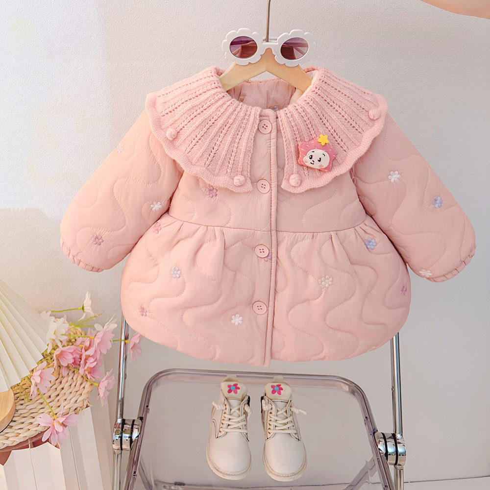 女童秋冬外套棉服韩系2026新款女童加绒加棉棉衣碎花圆领夹棉上衣
