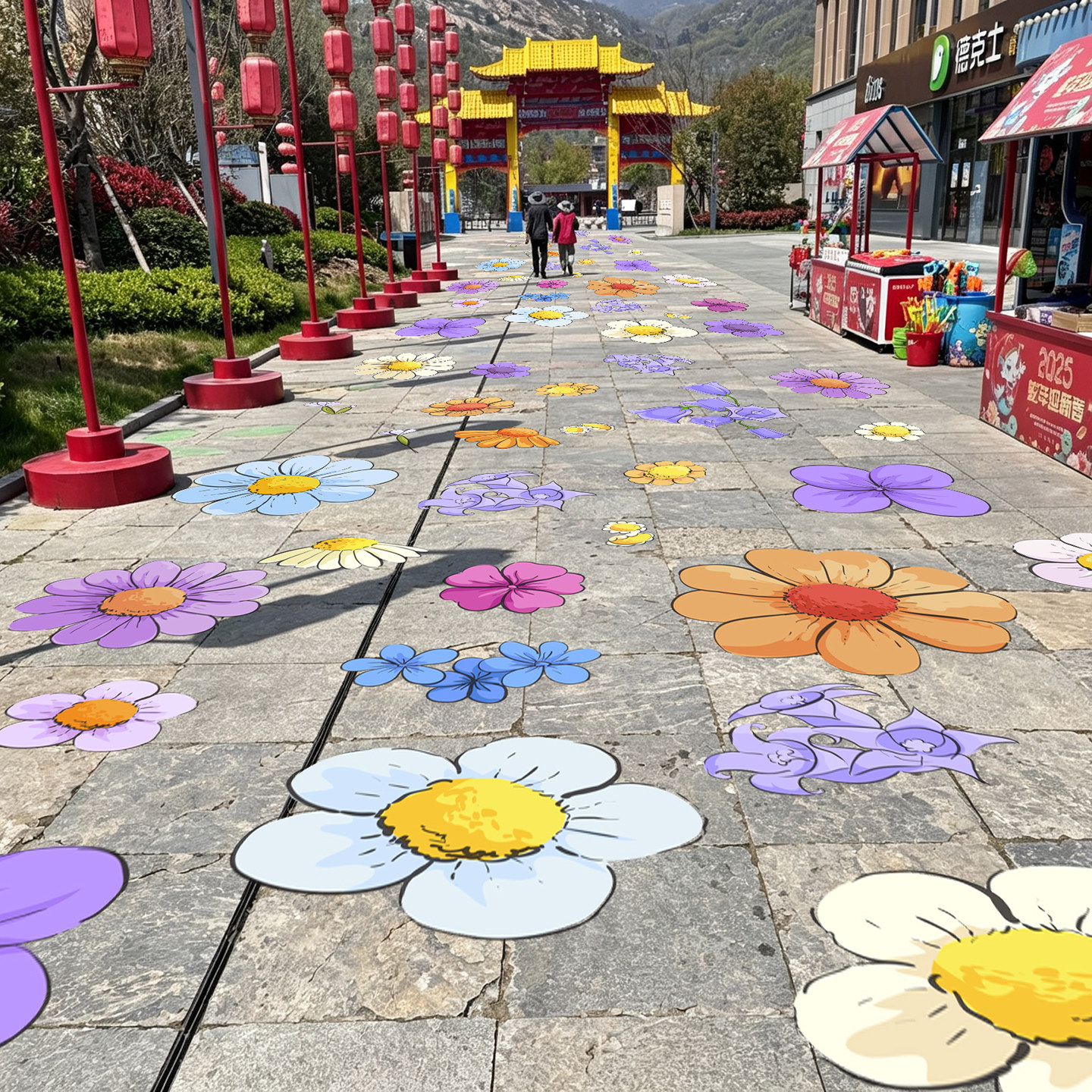 铝箔可移磨砂斜纹防滑地贴墙贴一路生花走花路花朵广场布置装饰贴