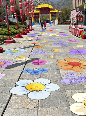 铝箔可移磨砂斜纹防滑地贴墙贴一路生花走花路花朵广场布置装饰贴