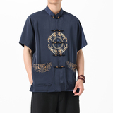 D4202^风刺绣半袖夏装上衣中老年新中式唐装男盘扣短袖衬衫，男装衬衫，钱塘777(原3023)