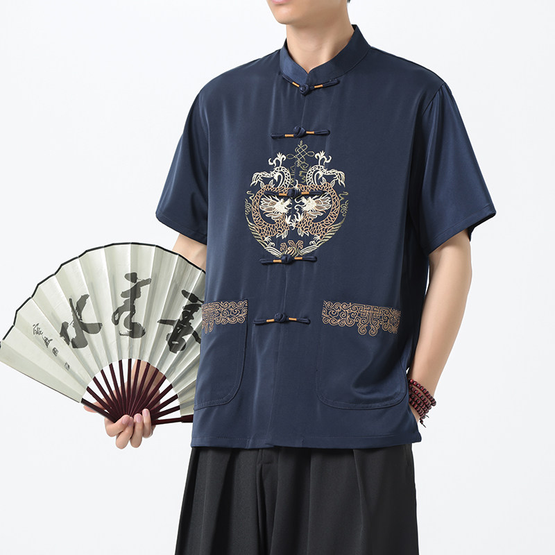 D4201^夏季仿真丝新中式男衬衫 唐装一字扣短袖T 风半袖男上衣图片