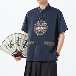 D4201^夏季仿真丝新中式男衬衫 唐装一字扣短袖T 风半袖男上衣图片