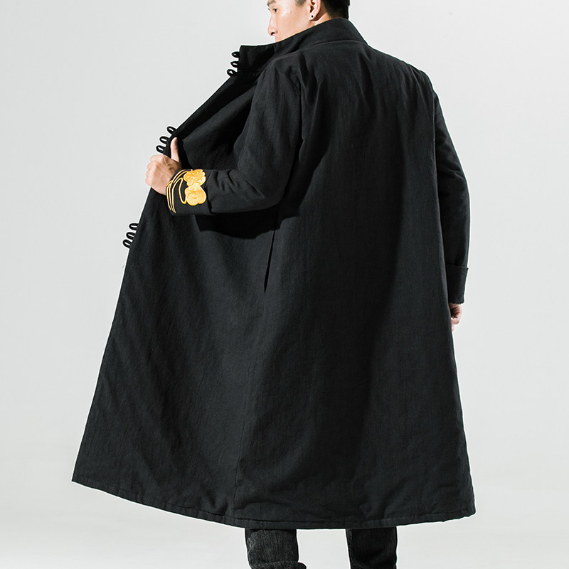 20261^超长款棉服冬装外套加厚棉袄风唐装棉麻刺绣大衣,男装棉衣,钱塘777(原3023)