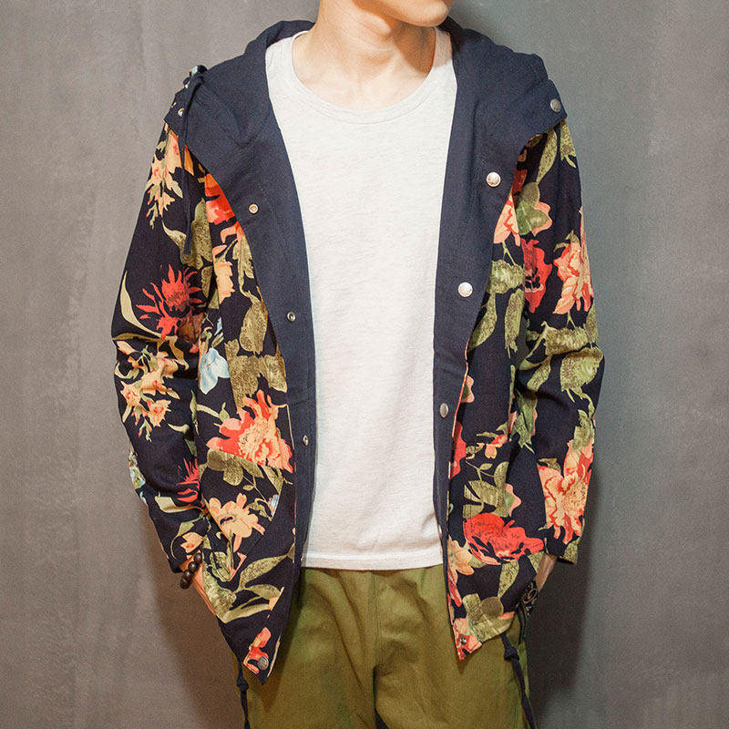 6028^原创风复古两面穿碎花日系棉麻连帽夹克衫外套特P50，男装夹克，钱塘777(原3023)