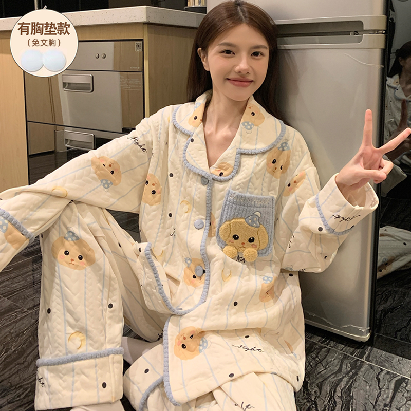 空气棉夹层秋冬季睡衣女款可外穿