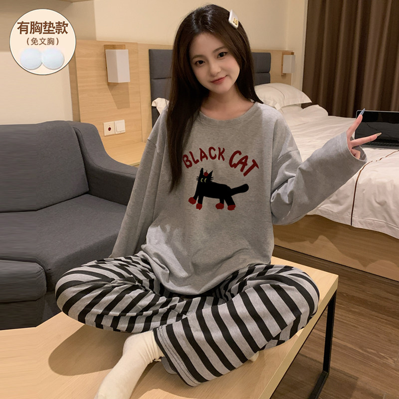 长袖带胸垫春秋季睡衣女款100纯棉防凸点2026新款学生套装可外穿,女士内衣/男士内衣/家居服,睡衣/家居服套装,淘宝优惠券,粉丝福利购,淘宝优惠卷