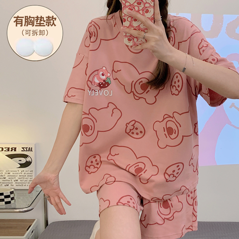 带胸垫睡衣女防凸点夏纯棉一体式可爱草莓熊短袖短裤家居服套装新-封面