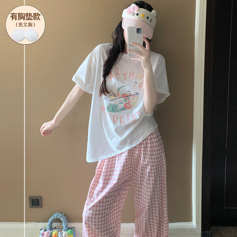 夏季睡衣女带胸垫纯棉可爱卡通短袖长裤2026新款薄款网红风居家服