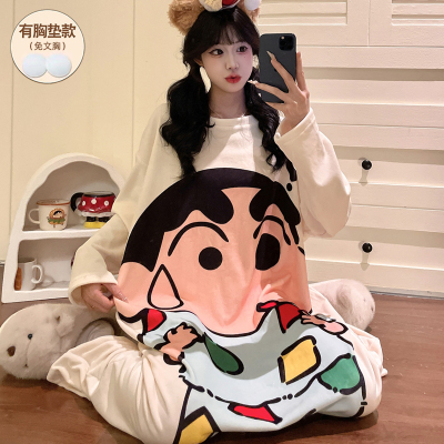 带胸垫连体睡衣女冬季珊瑚绒加厚