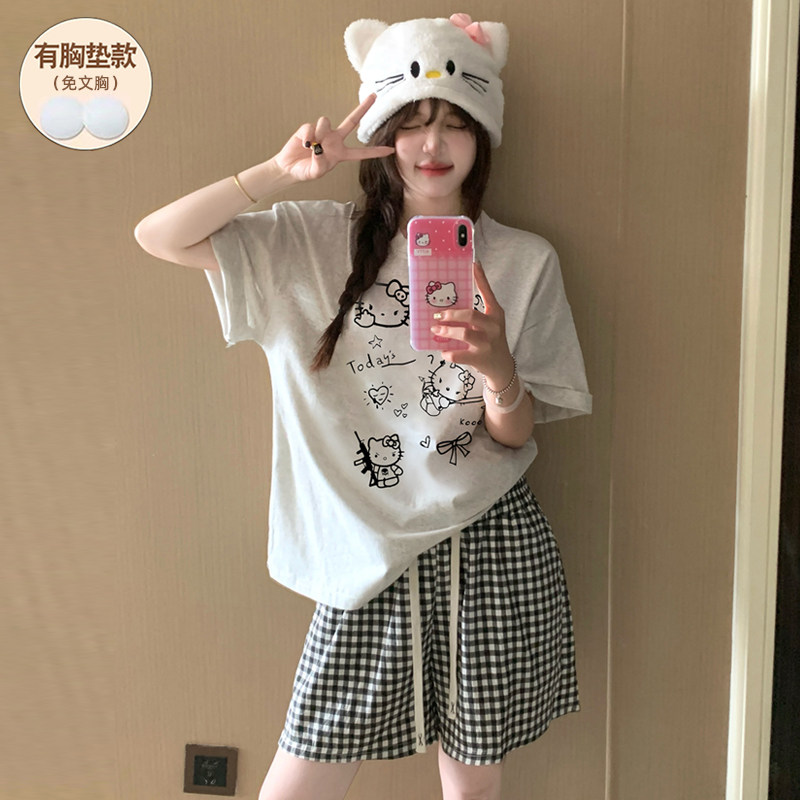 短袖带胸垫睡衣女款夏纯棉2026年新款加大码可爱卡通家居服可外穿