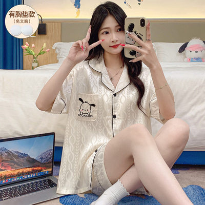 睡衣女款夏仿真丝绸冰丝带胸垫