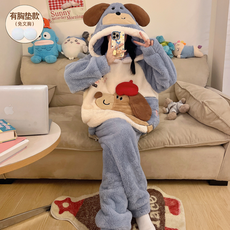 珊瑚绒睡衣女款冬季带胸垫保暖加绒加厚法兰绒连帽2025新款居家服