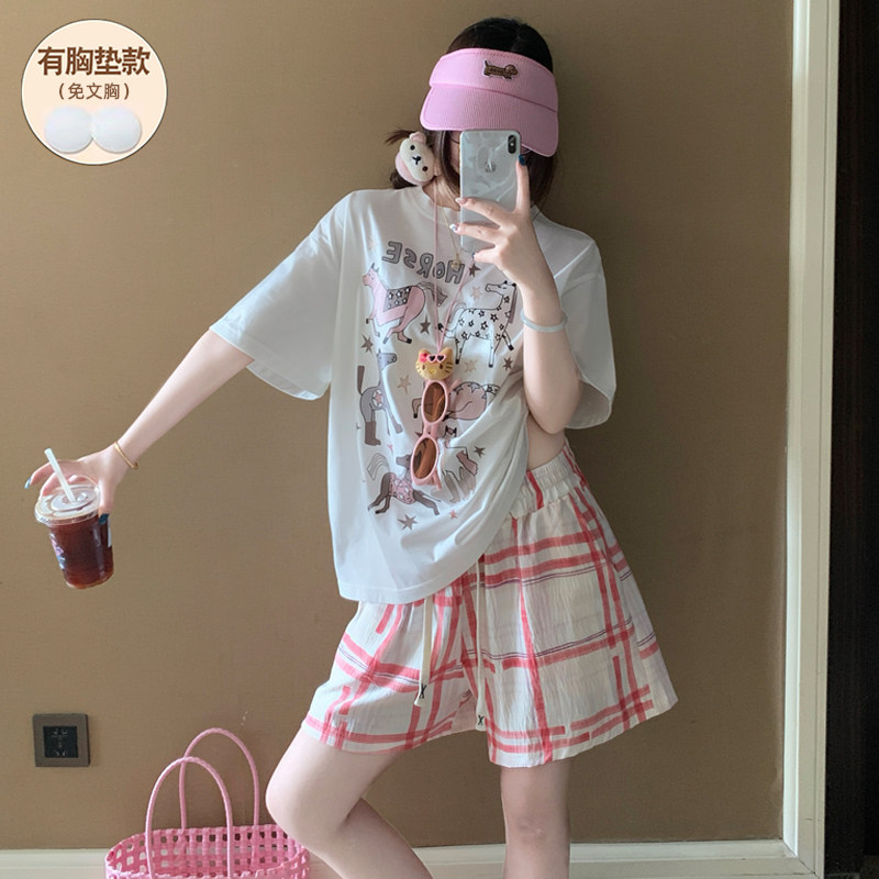 睡衣女款夏纯棉带胸垫短袖加大码可爱卡通可外穿2026新款套装少女