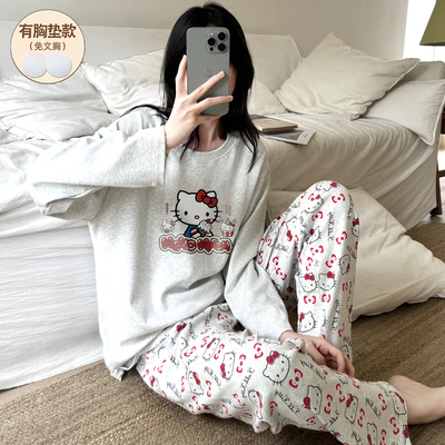 春秋季睡衣女款纯棉长袖带胸垫