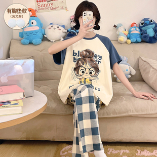 睡衣女款夏纯棉带胸垫短袖长裤2026新款加大码可爱卡通套装可外穿