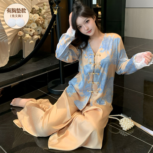 冰丝仿真丝绸睡衣女春夏季新中式带胸垫2026年新款可外穿套装国风