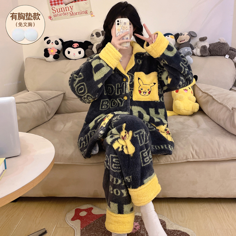 睡衣女款珊瑚绒带胸垫加厚可外穿