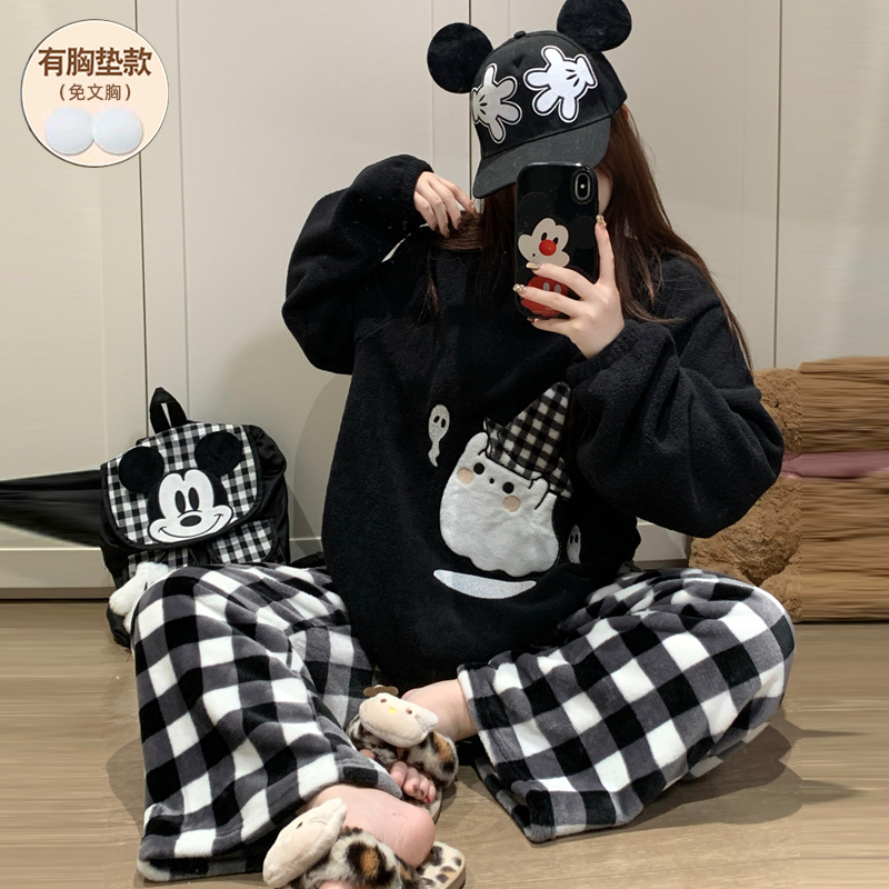 睡衣女款冬季带胸垫保暖加绒加厚珊瑚绒家居服2025新款套装可外穿