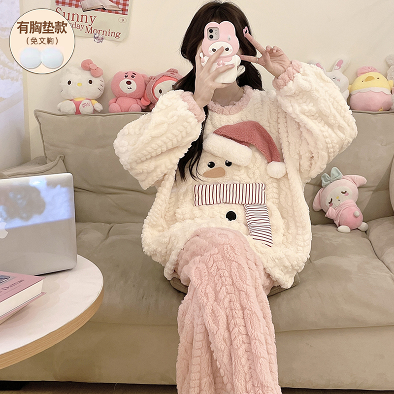 睡衣女款冬季带胸垫保暖加绒加厚