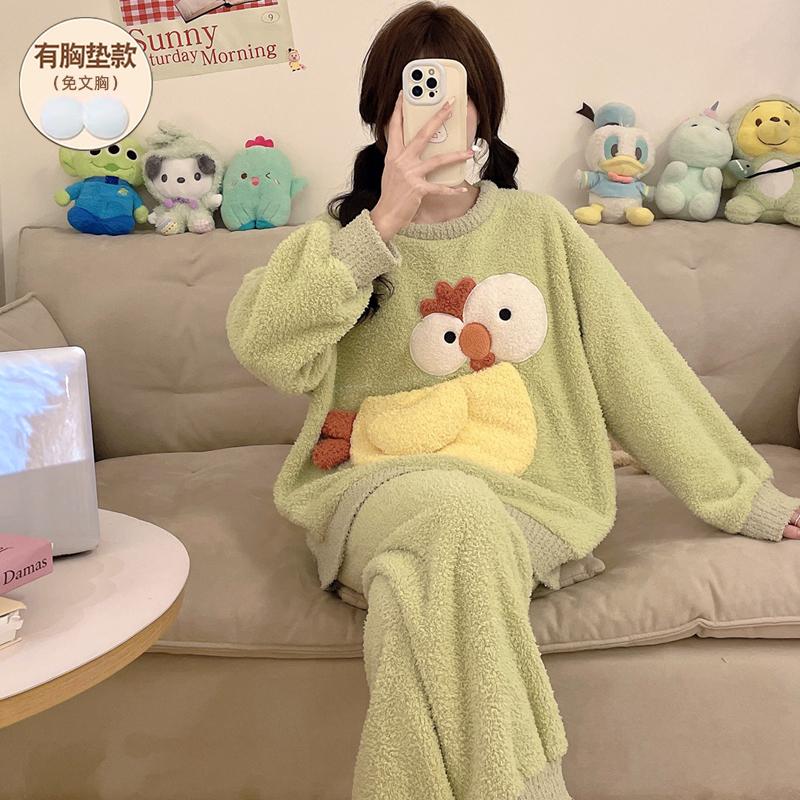 珊瑚绒加绒加厚卡通睡衣套装保暖