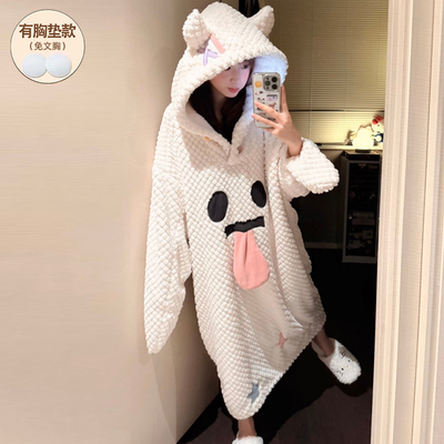 睡裙长袖长款浴袍加绒加厚珊瑚绒