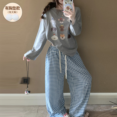 带胸垫秋季睡衣女款长袖纯棉卡通
