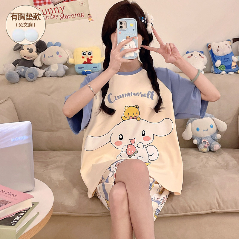 卡通玉桂狗睡衣女款夏带胸垫纯棉短袖2025新款可外穿套装可爱女生,女士内衣/男士内衣/家居服,睡衣/家居服套装,淘宝优惠券,粉丝福利购,淘宝优惠卷