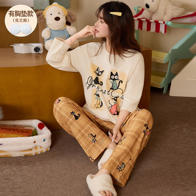 睡衣女款长袖德绒加厚带胸垫卡通
