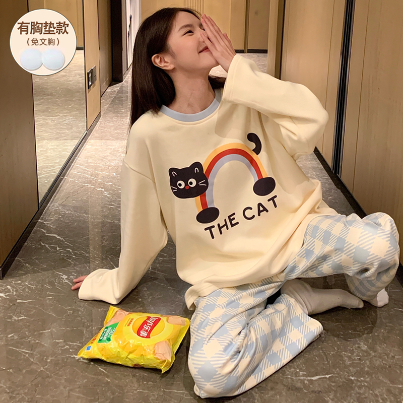 秋冬季睡衣女款带胸垫长袖德绒