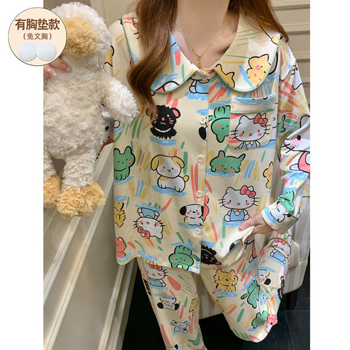 纯棉春秋季睡衣女款带胸垫网红风