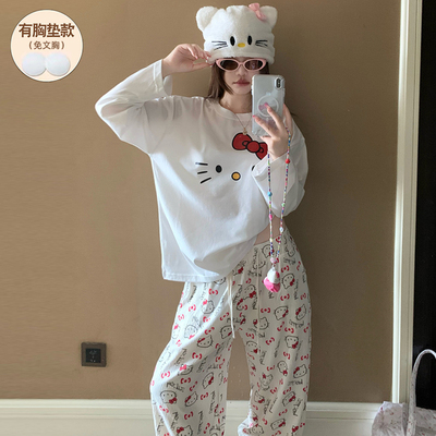 睡衣女款秋季带胸垫长袖纯棉女生